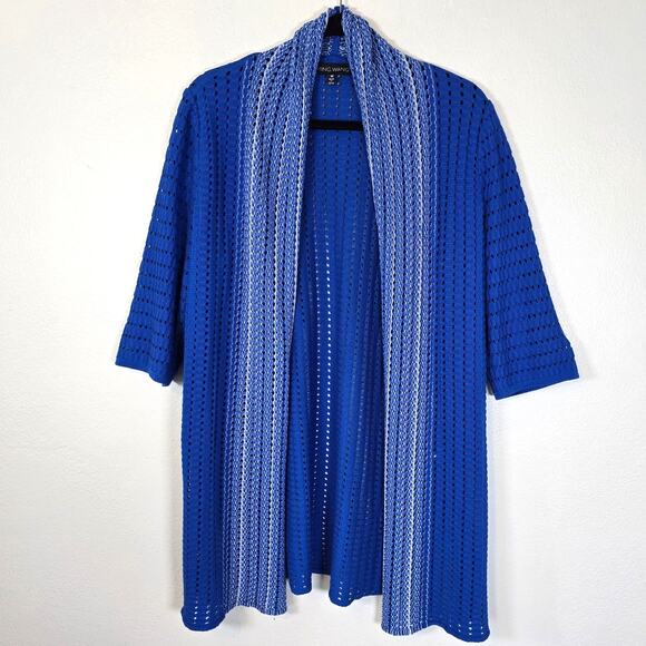 Ming Wang Sweaters - Ming Wang Cardigan Women's M Royal Blue White Open Knit Textural Classic Coastal